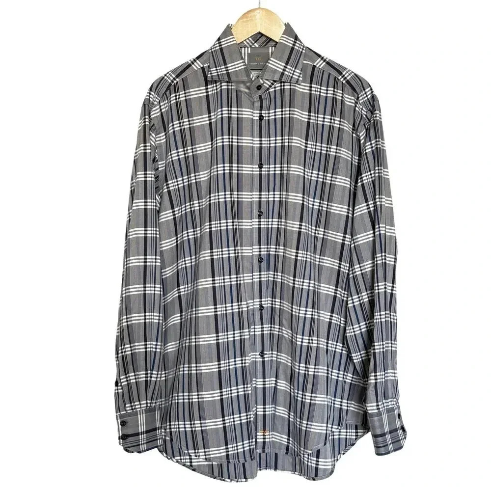 Thomas Dean Mens L Pima Cotton Long Sleeve Gray/Navy Plaid Button Down